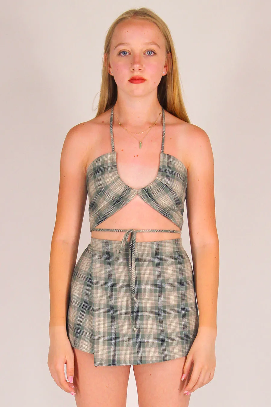 70's Halter - Flannel Green Beige Plaid