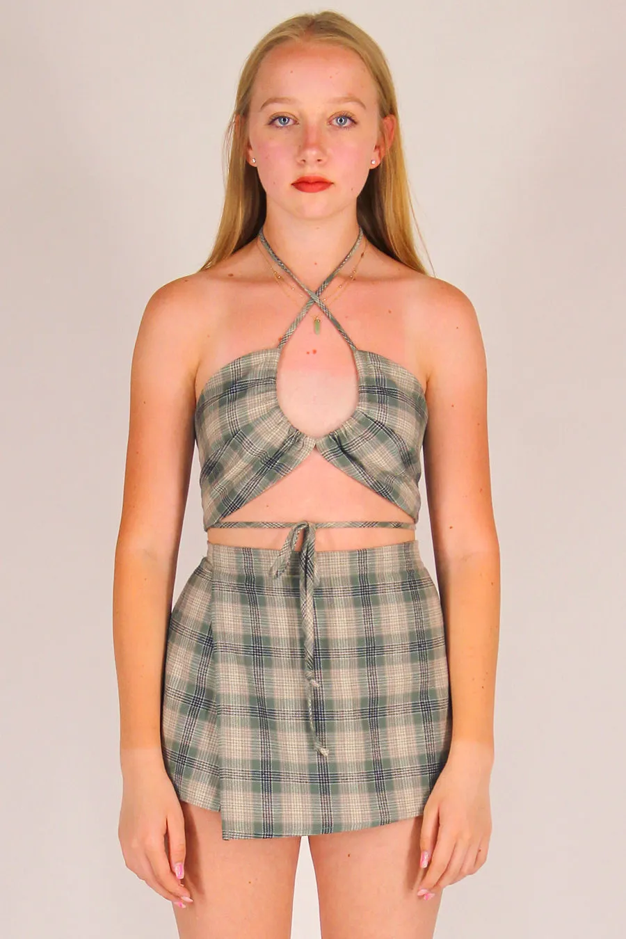 70's Halter - Flannel Green Beige Plaid
