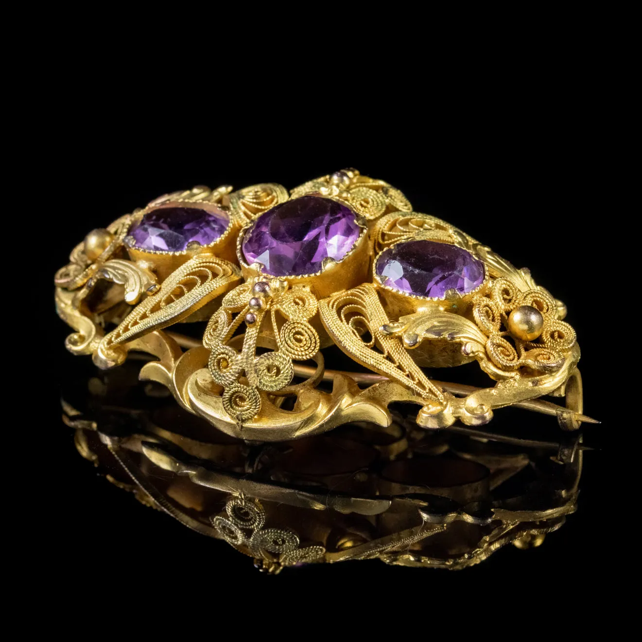 Antique Victorian Paste Amethyst Brooch 18Ct Gold Gilt Circa 1860