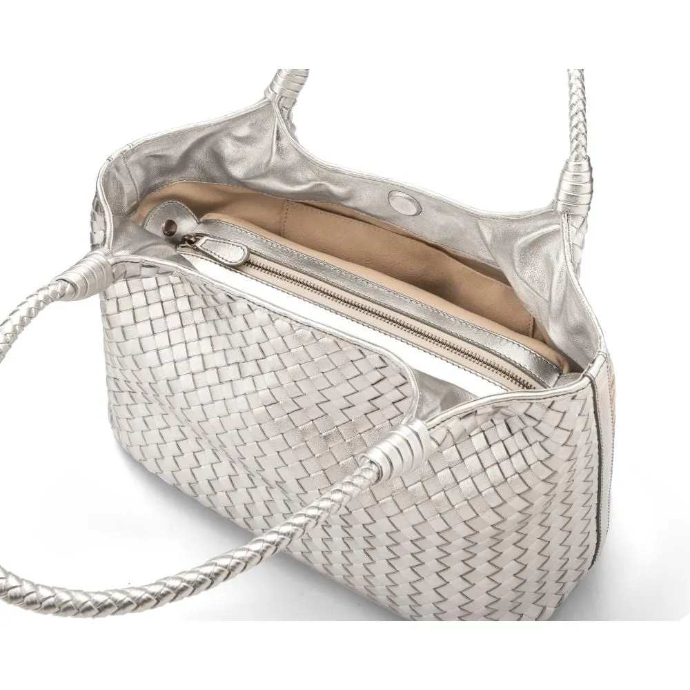 Anya Woven Leather Shoulder Bag - Silver