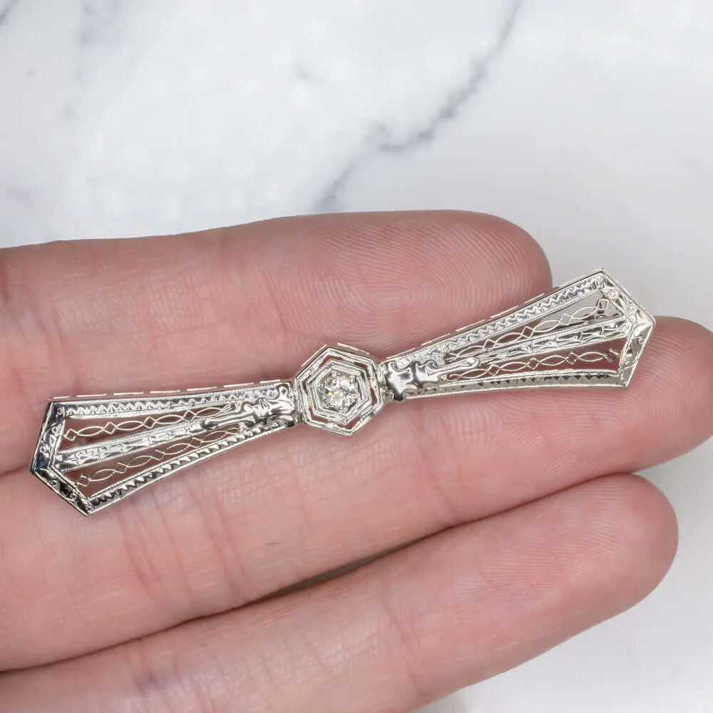 ART DECO DIAMOND 18K WHITE GOLD BOW TIE STICK PIN PENDANT VINTAGE 1920s BROOCH