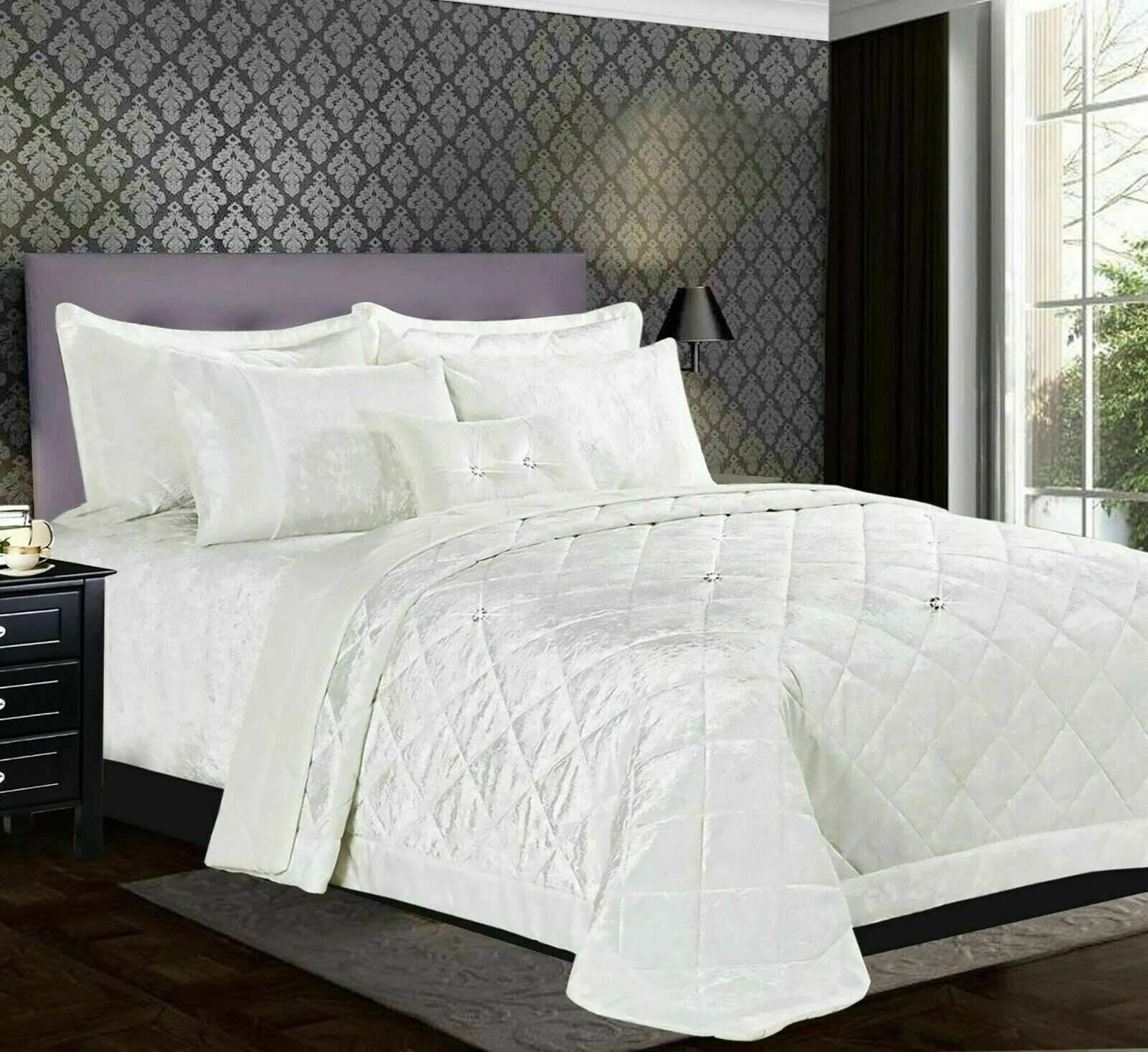Bedspread Crushed Velvet 3-Piece Set with Matching Pillow Shams Single, Double, King, Superking (White)