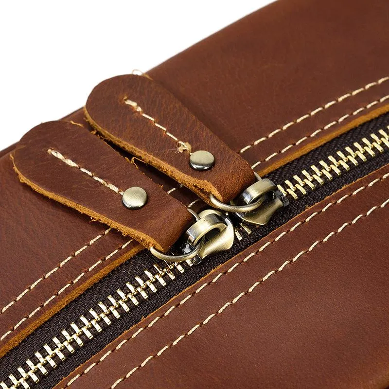 Brown Leather Men's Clutch Bag Double Zipped Wristlet Handbag Storage Bag For Men