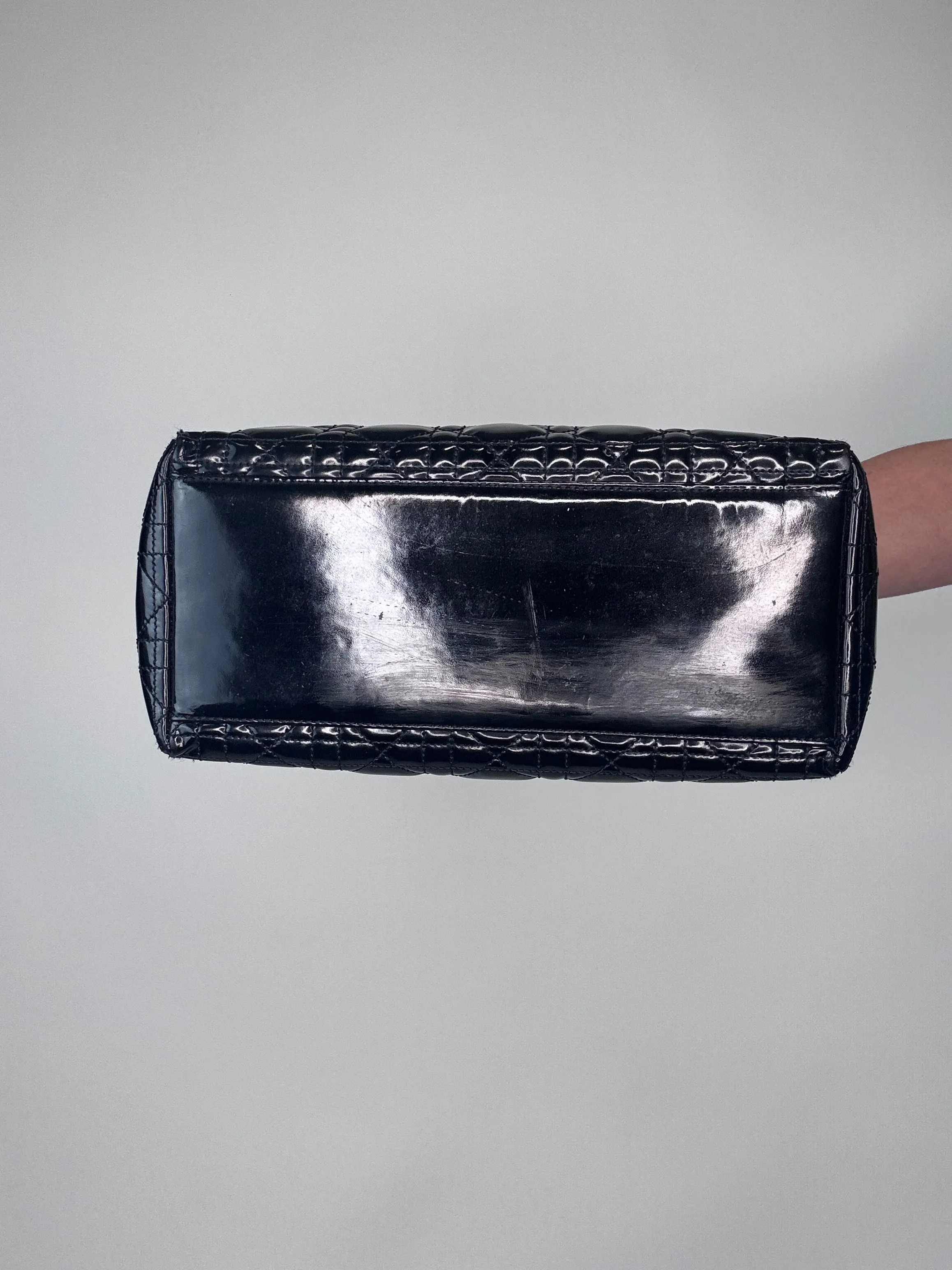 Dior Lady Cannage Enamel Black Two Way Bag