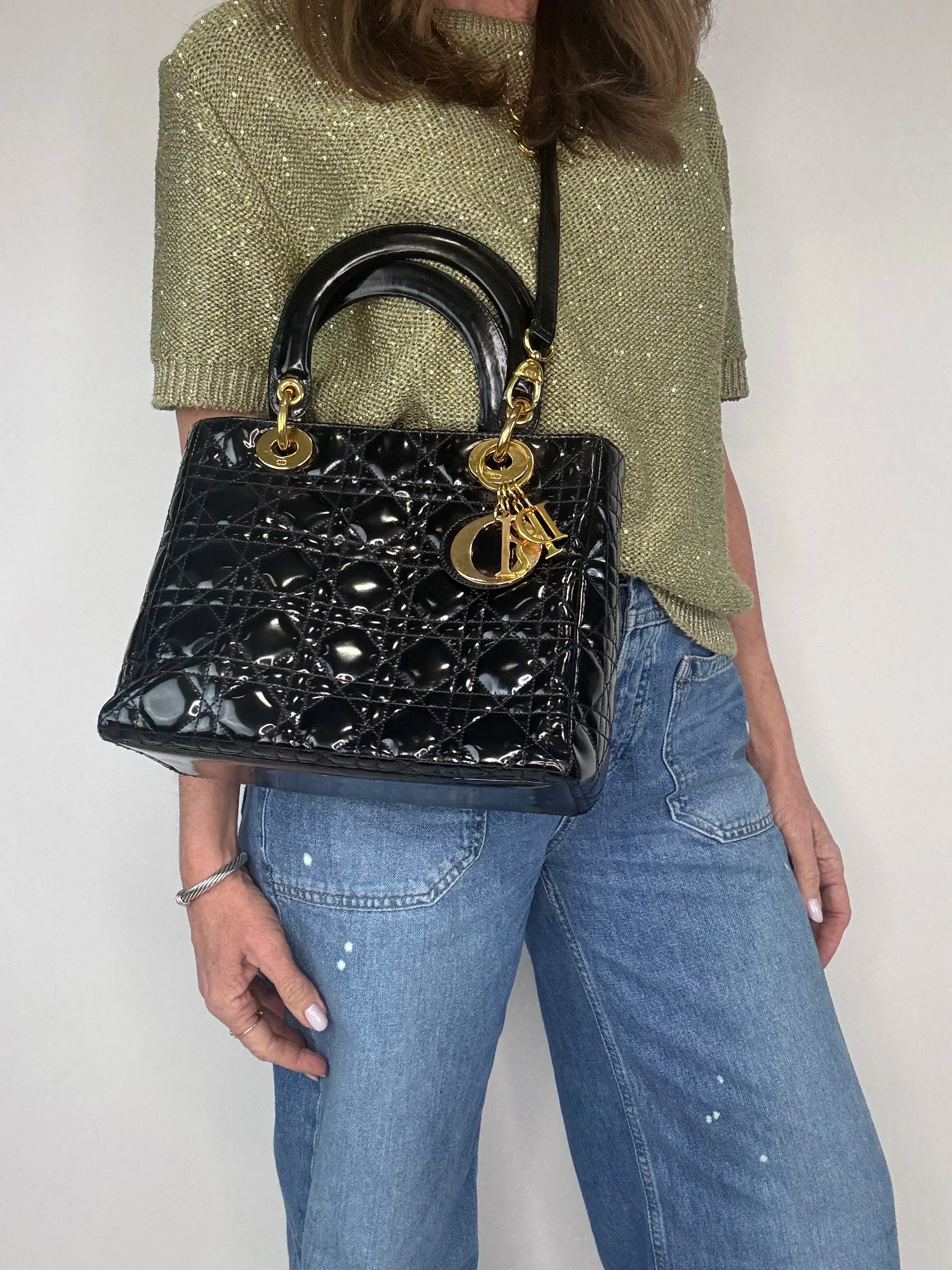 Dior Lady Cannage Enamel Black Two Way Bag