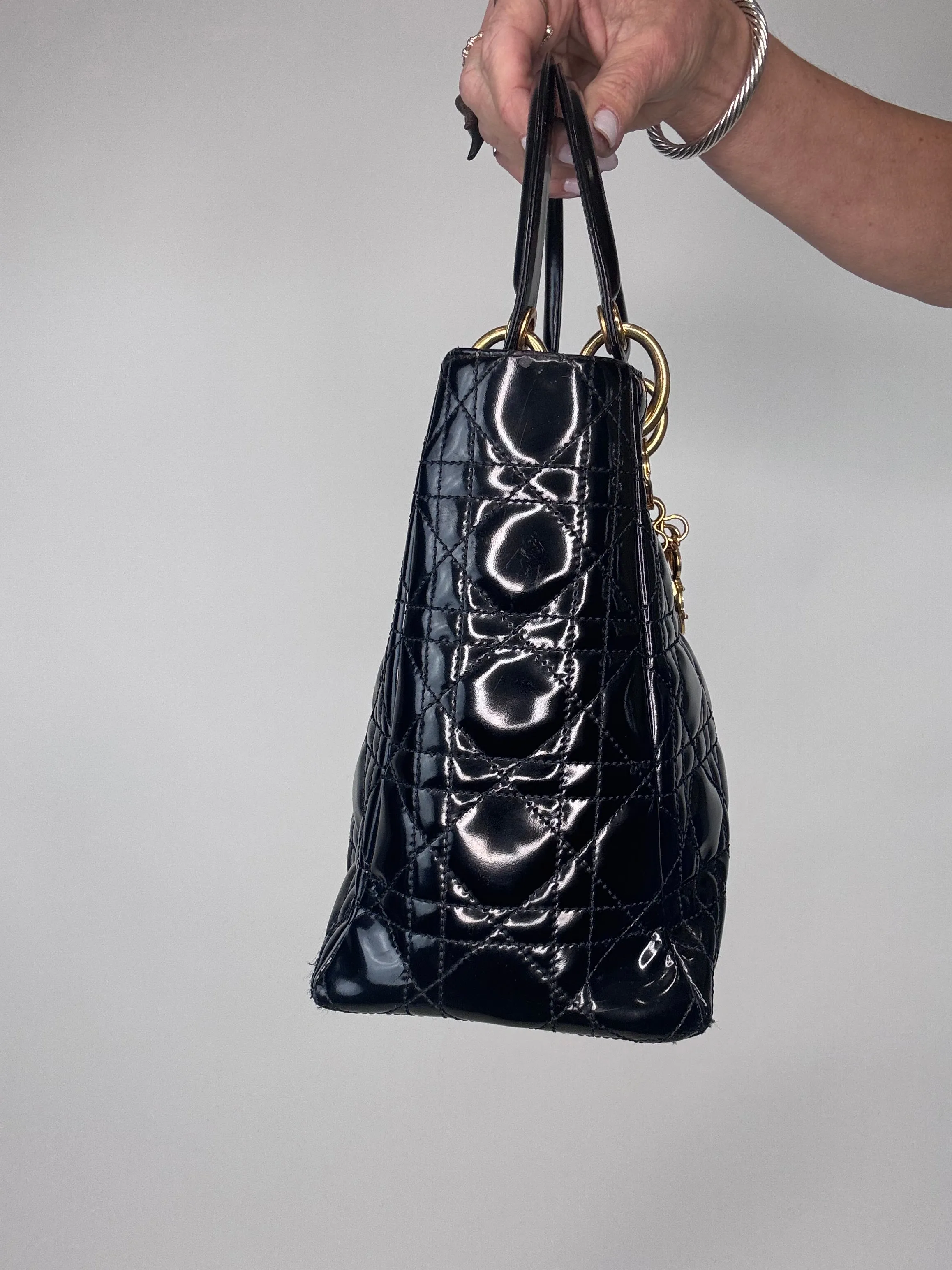 Dior Lady Cannage Enamel Black Two Way Bag