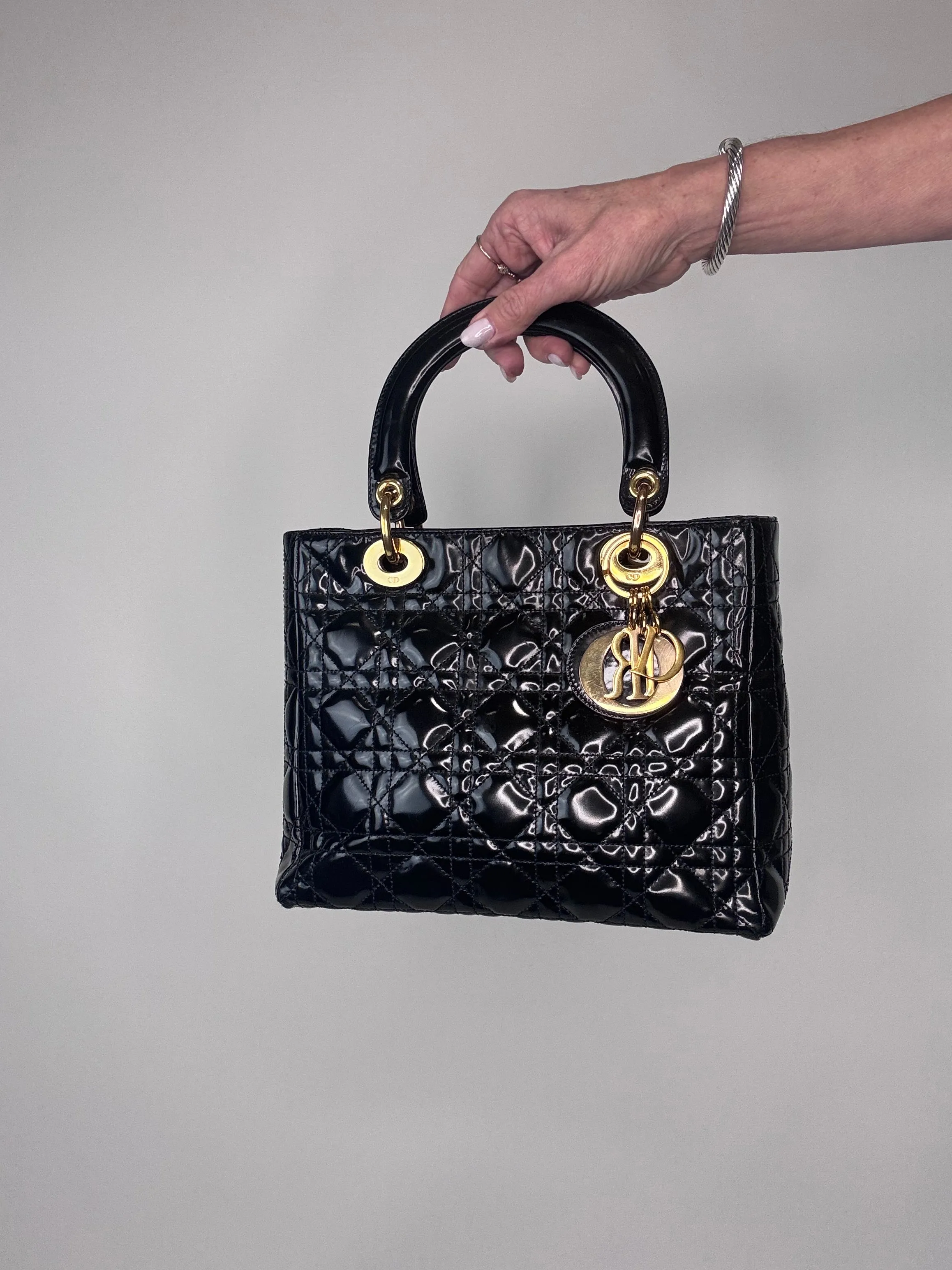 Dior Lady Cannage Enamel Black Two Way Bag
