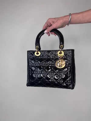 Dior Lady Cannage Enamel Black Two Way Bag