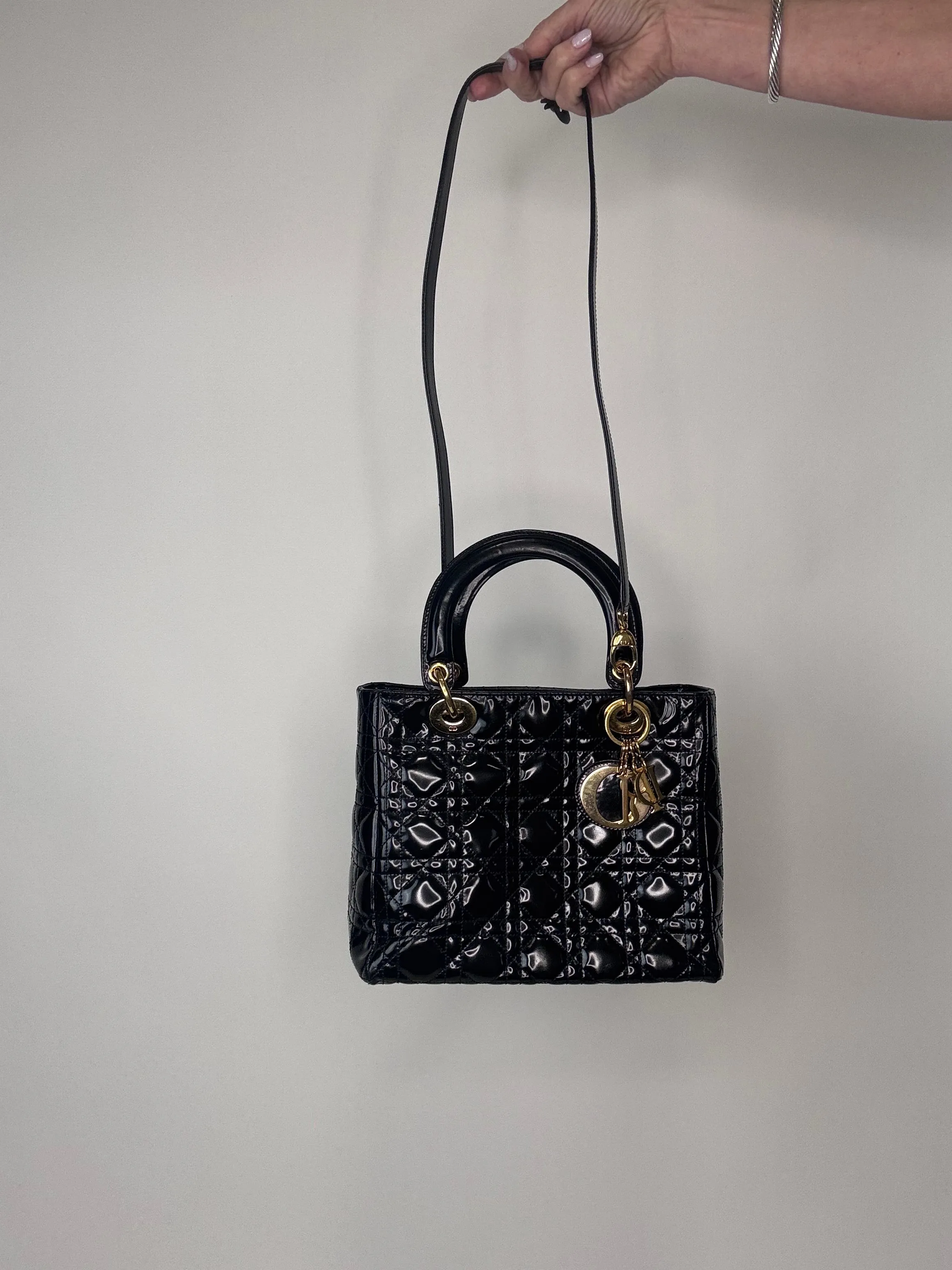 Dior Lady Cannage Enamel Black Two Way Bag