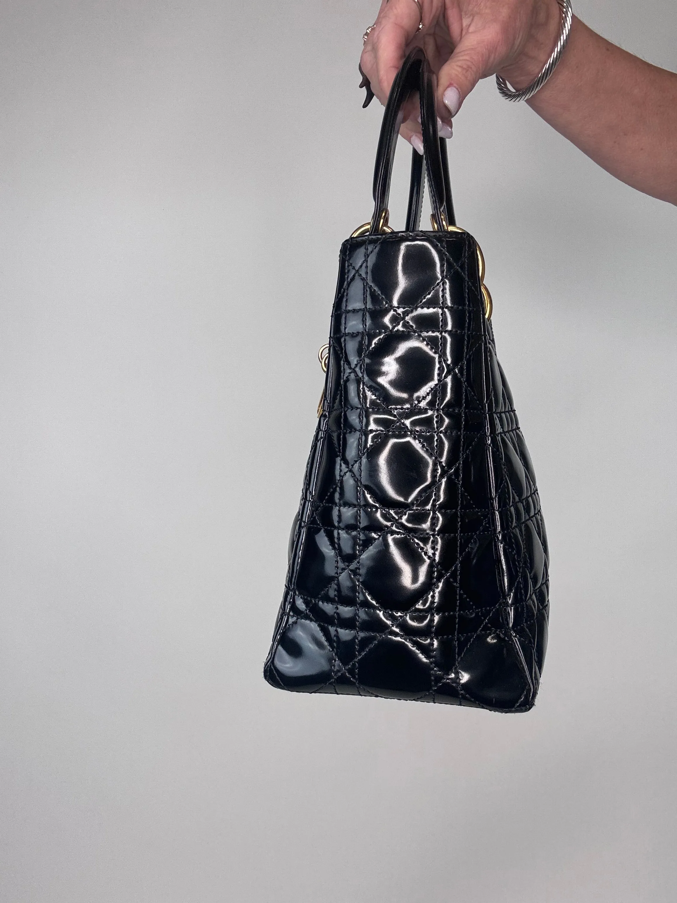 Dior Lady Cannage Enamel Black Two Way Bag