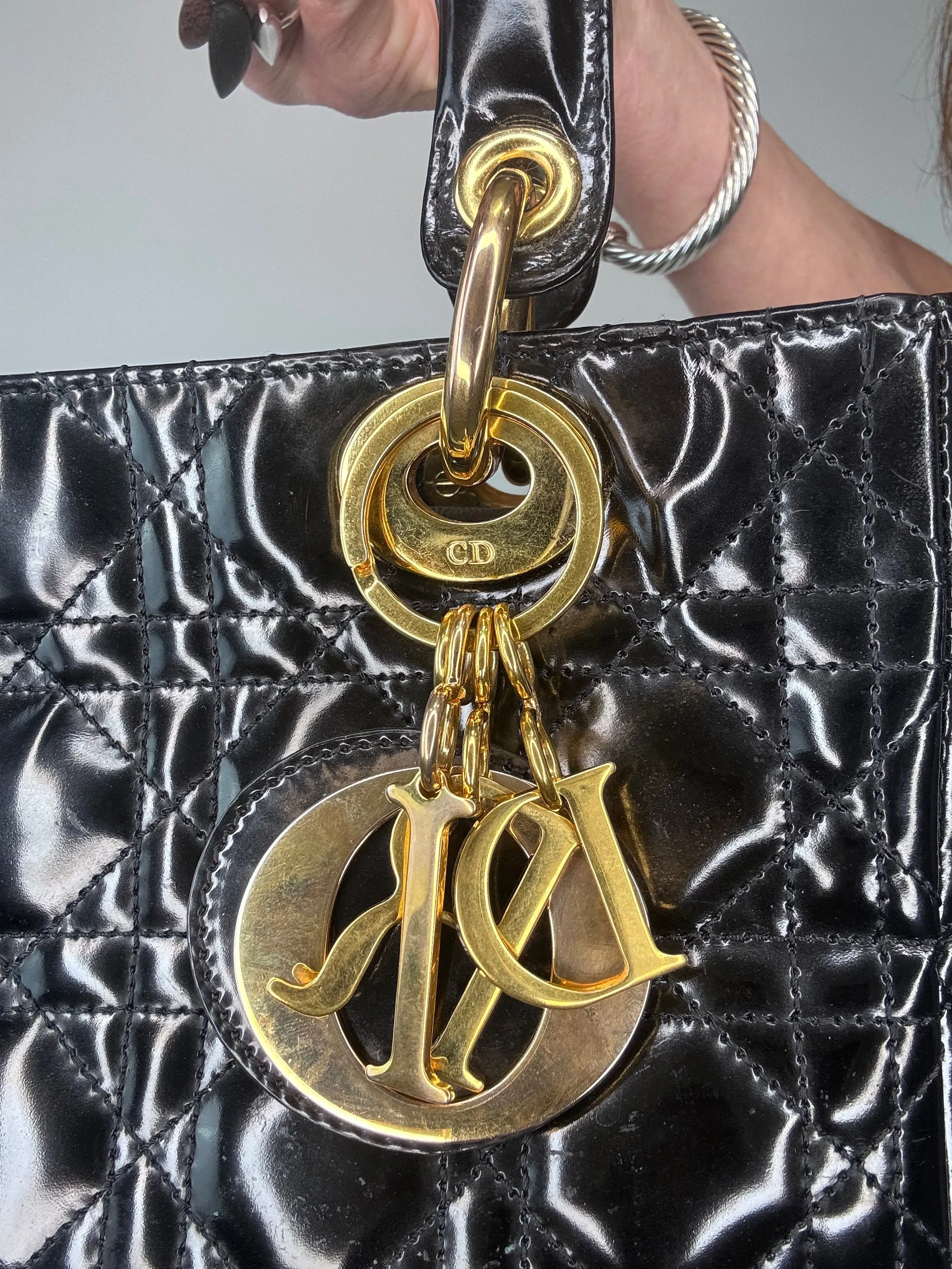 Dior Lady Cannage Enamel Black Two Way Bag