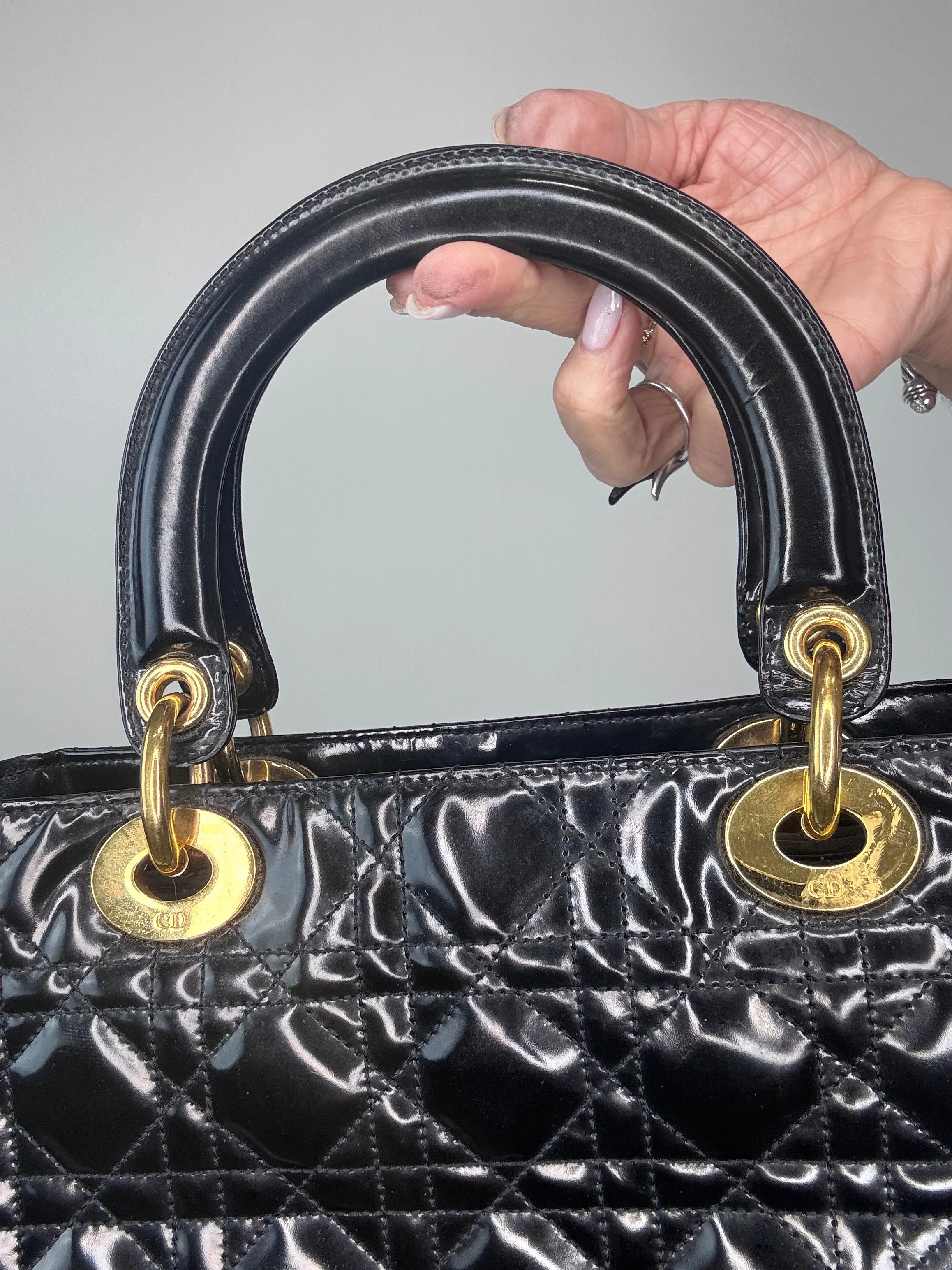 Dior Lady Cannage Enamel Black Two Way Bag