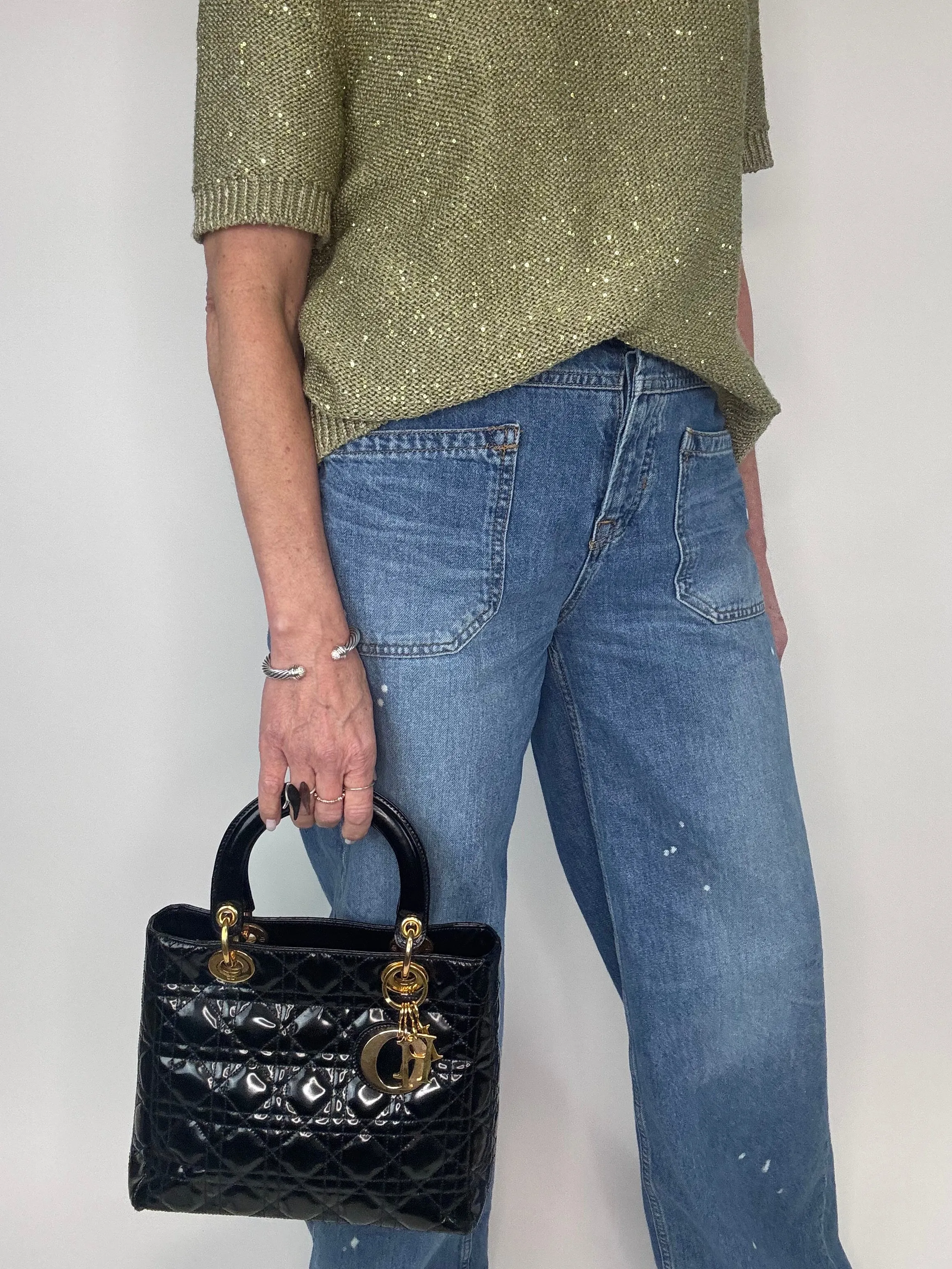 Dior Lady Cannage Enamel Black Two Way Bag