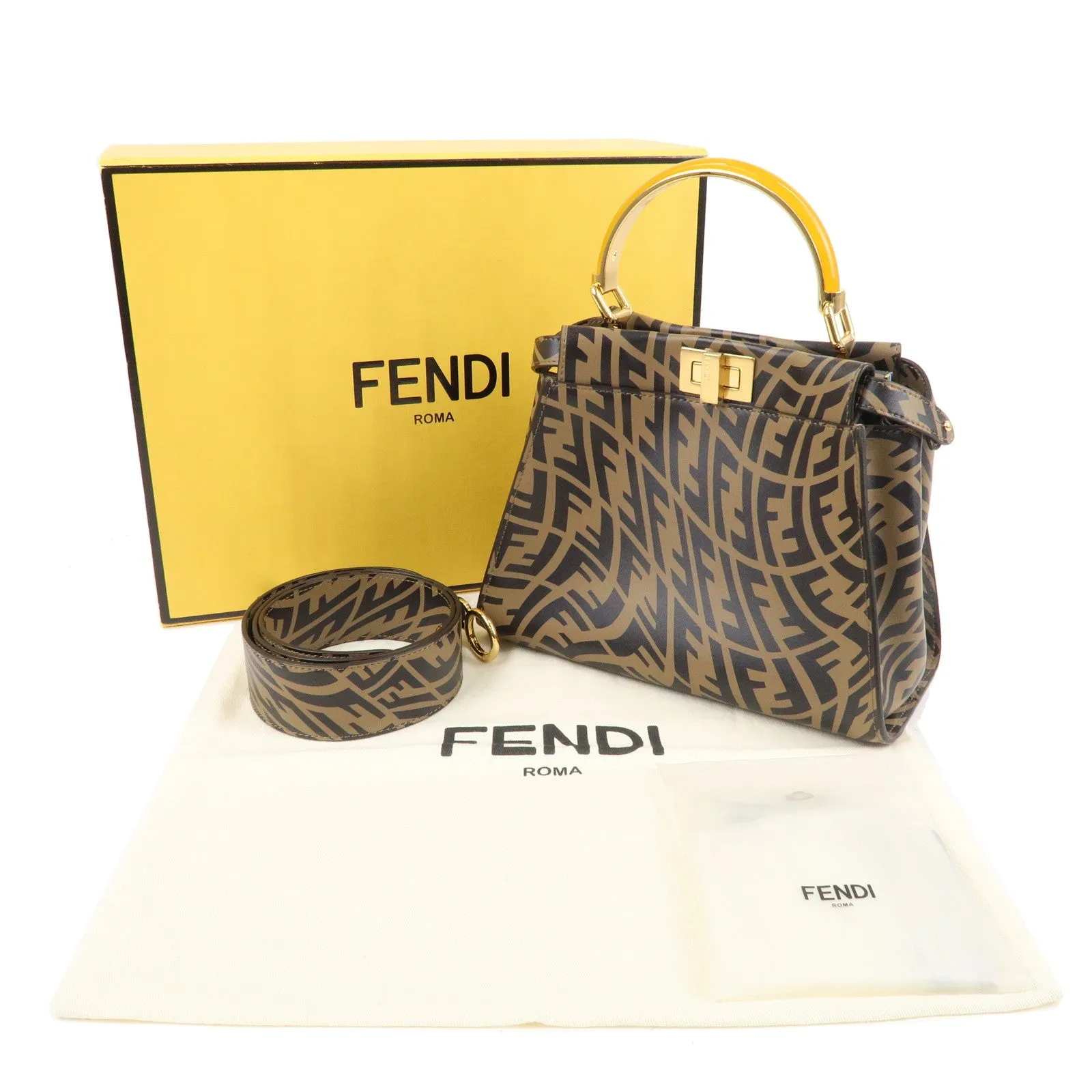 FENDI FF Vertigo Mini Peekaboo Leather Bag Brown Black 8BN244 Used F/S