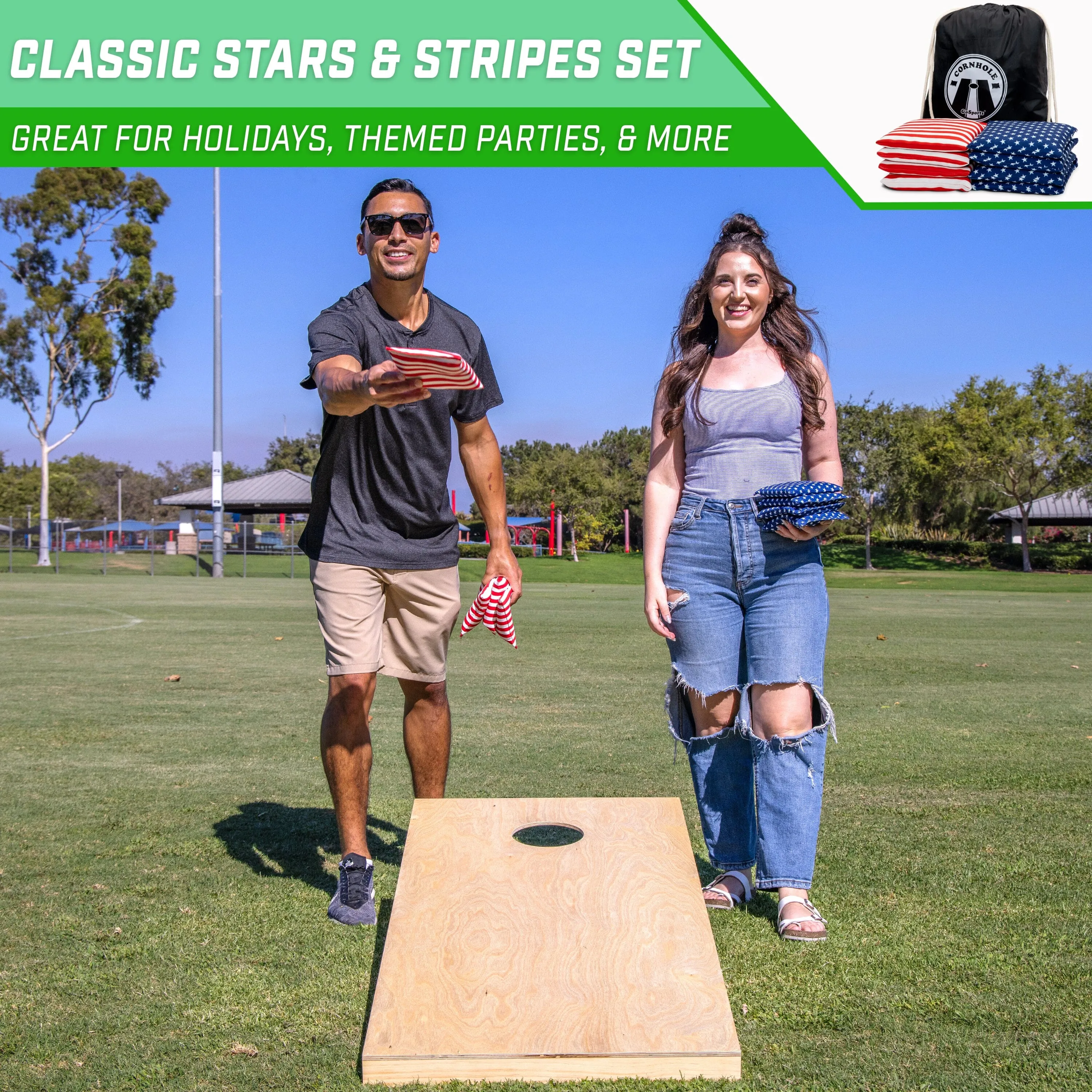 GoSports Official Regulation Cornhole Bean Bags Set of 8 - All Weather - Classic American Stars and Stripes