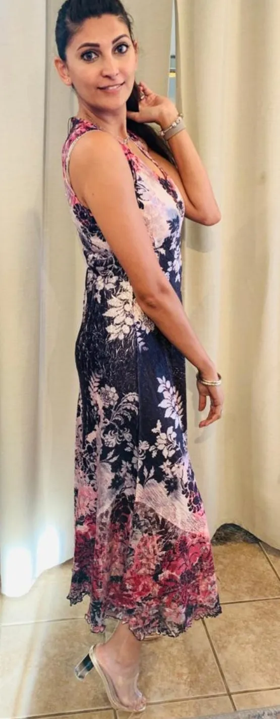 Komarov Sleeveless V Front Neck With Mesh On Top Long Dress