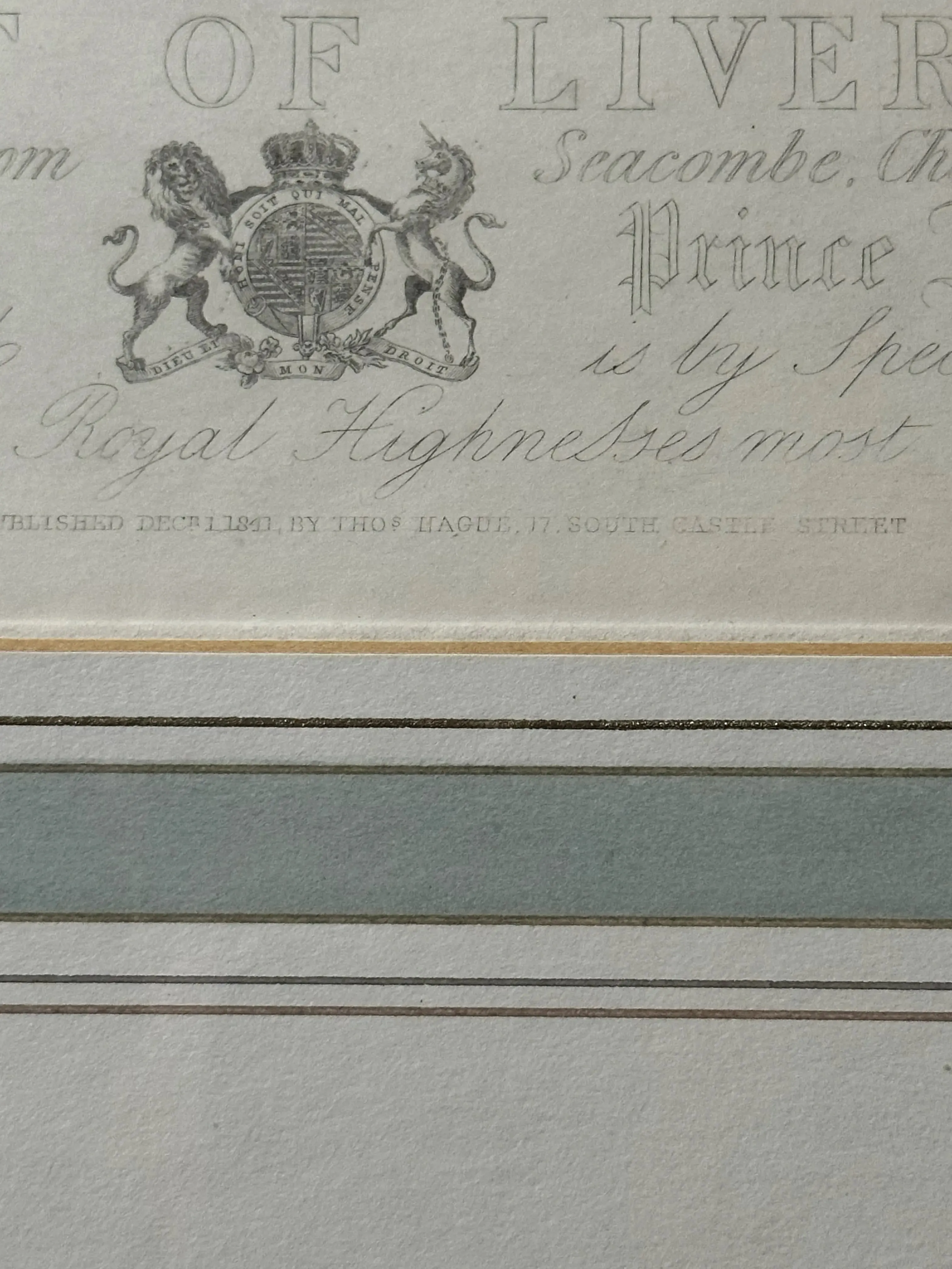 Large, framed, hand-colored 1841 etching of U.S. ship in the Port of Liverpool