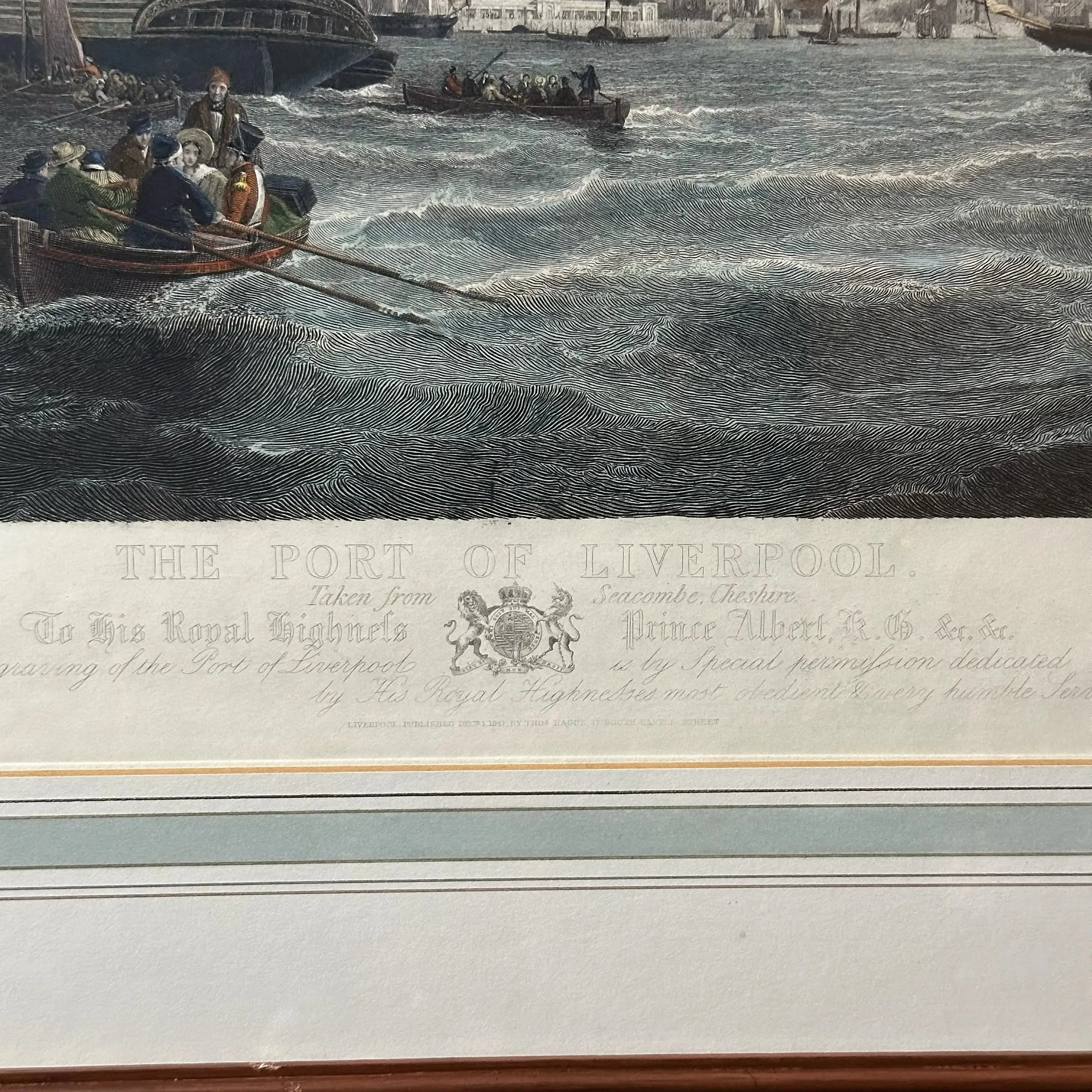 Large, framed, hand-colored 1841 etching of U.S. ship in the Port of Liverpool