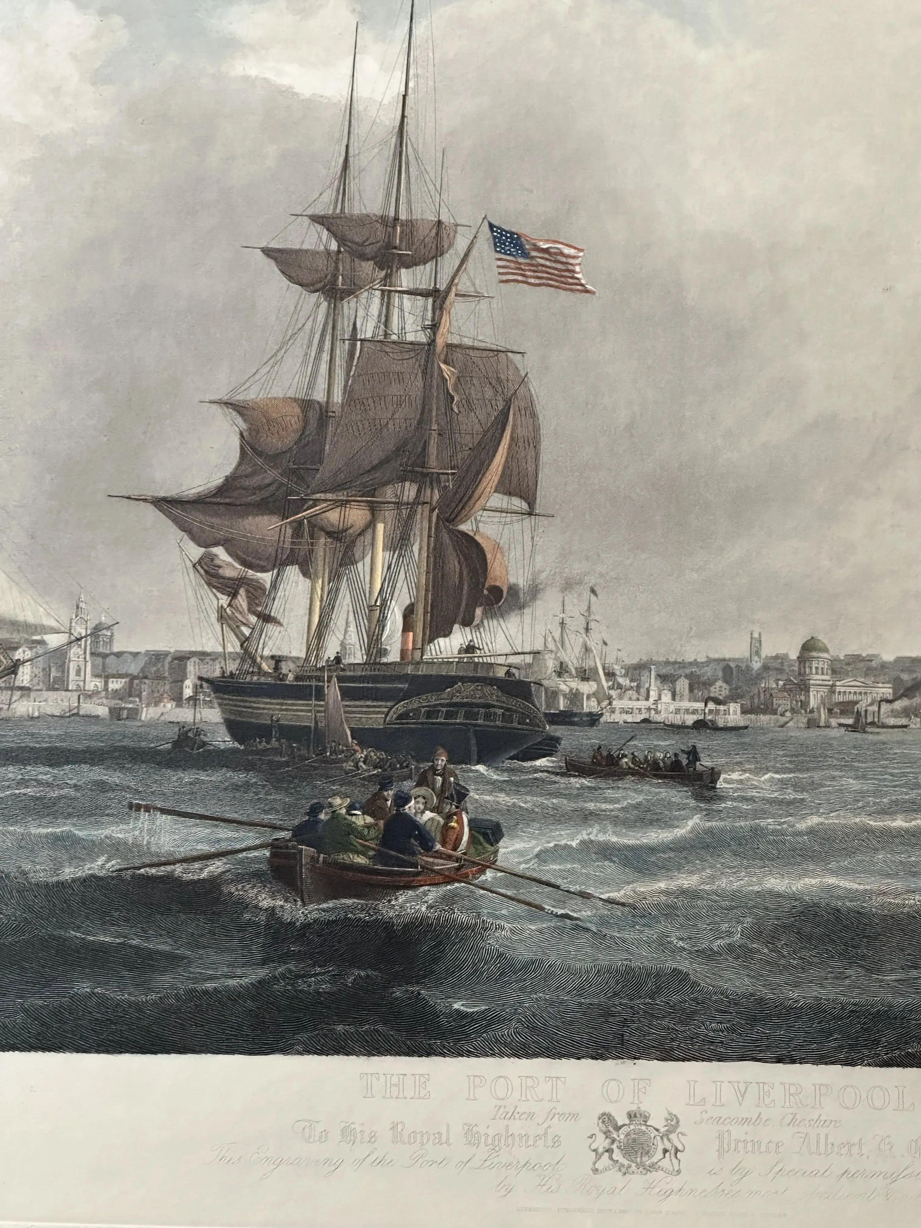 Large, framed, hand-colored 1841 etching of U.S. ship in the Port of Liverpool