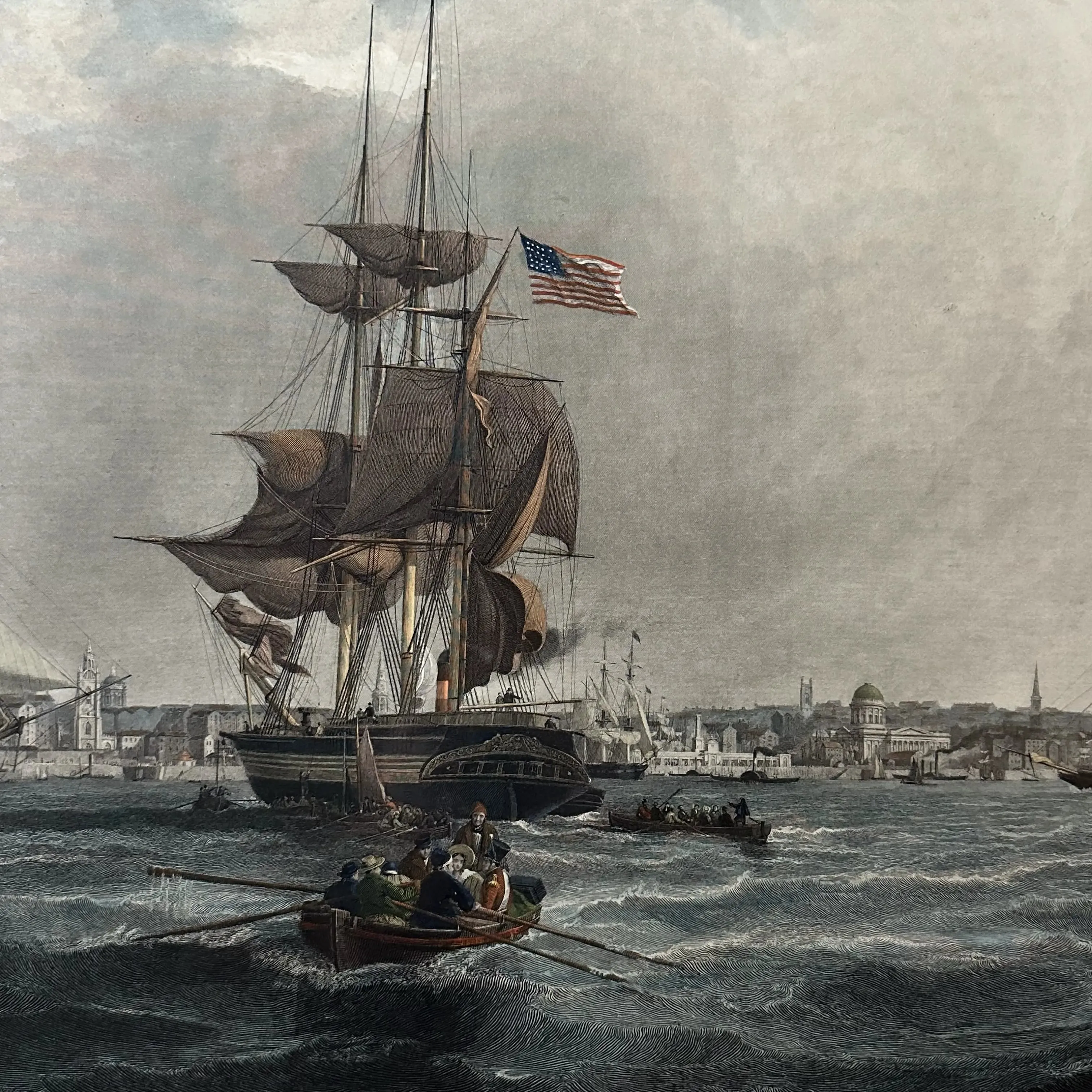 Large, framed, hand-colored 1841 etching of U.S. ship in the Port of Liverpool