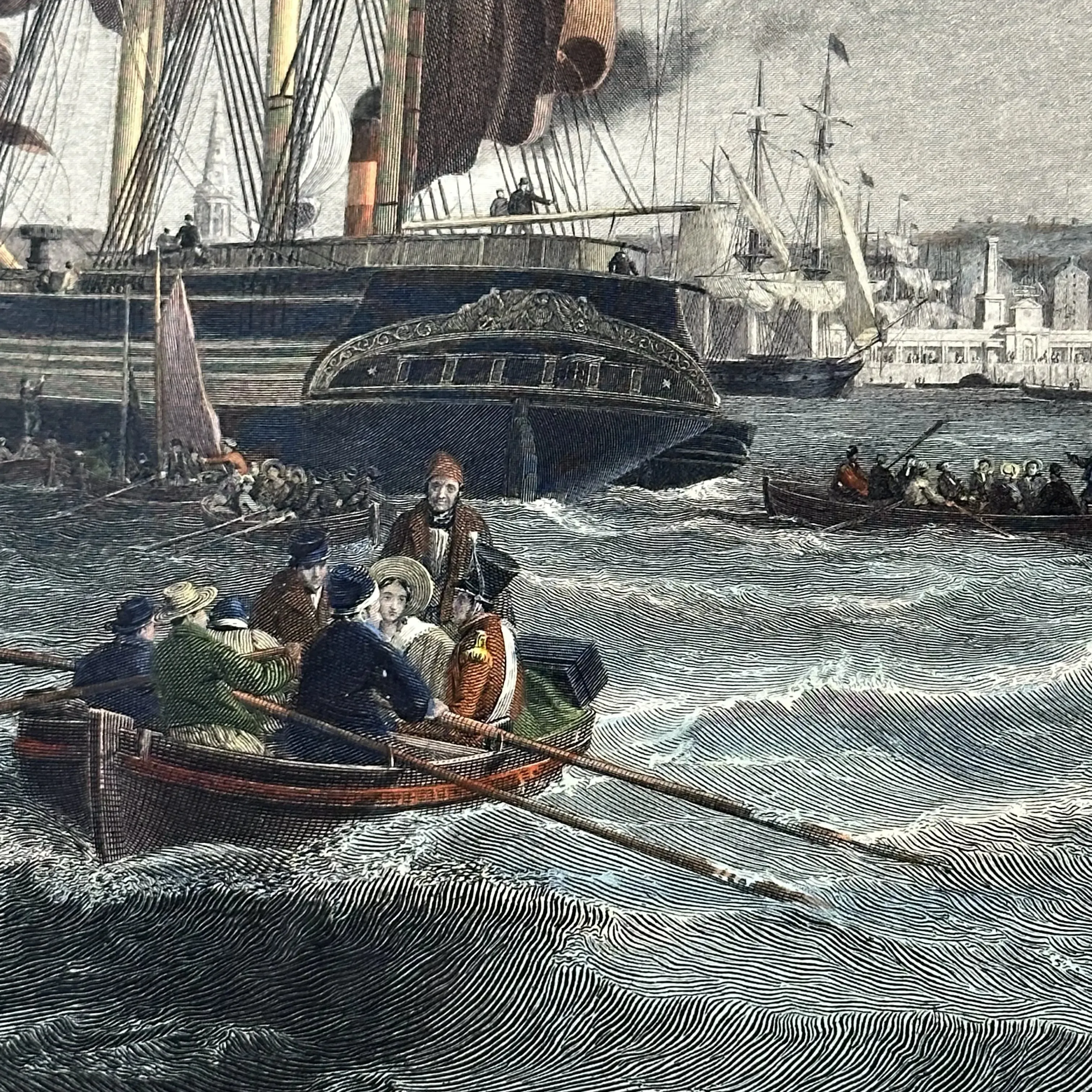 Large, framed, hand-colored 1841 etching of U.S. ship in the Port of Liverpool