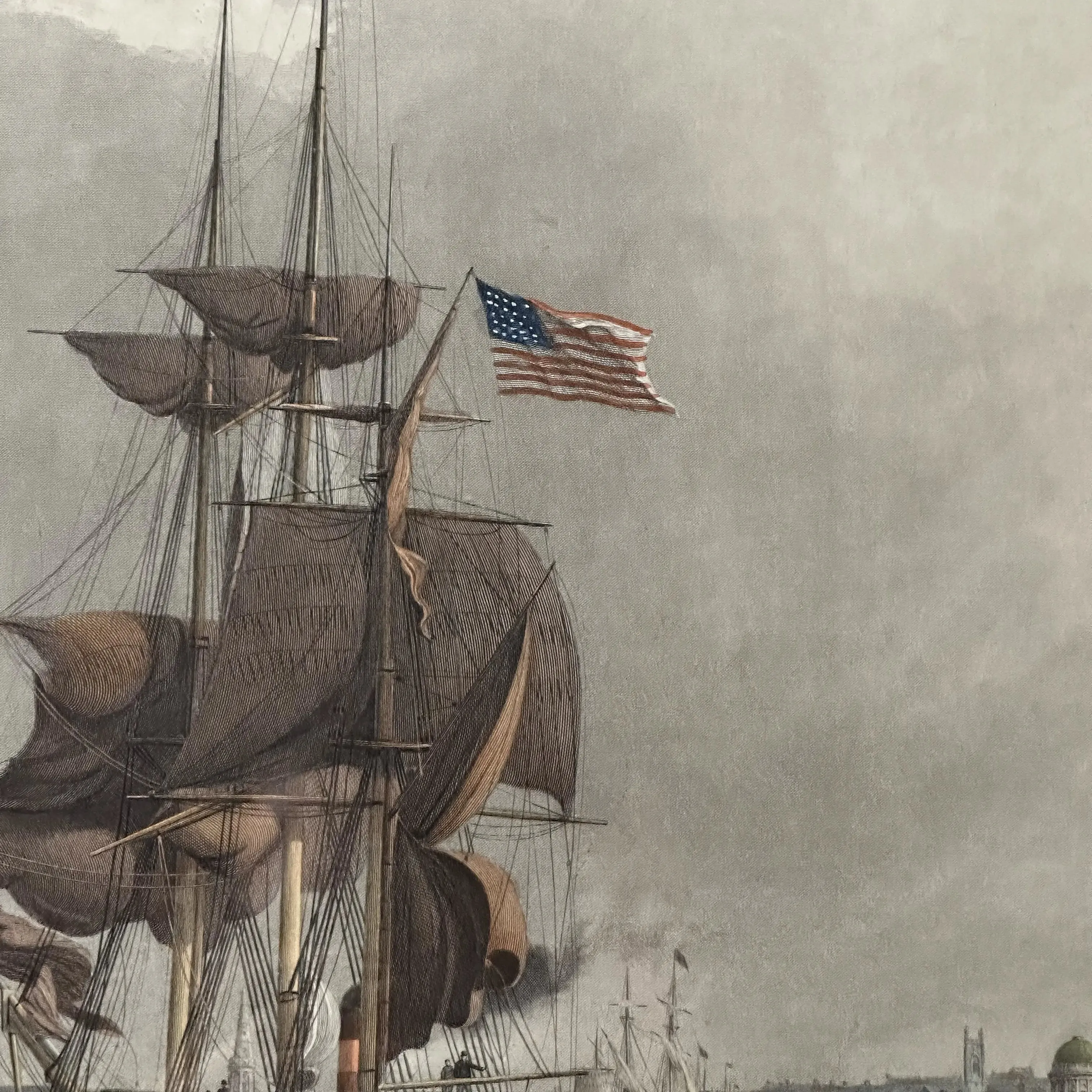 Large, framed, hand-colored 1841 etching of U.S. ship in the Port of Liverpool