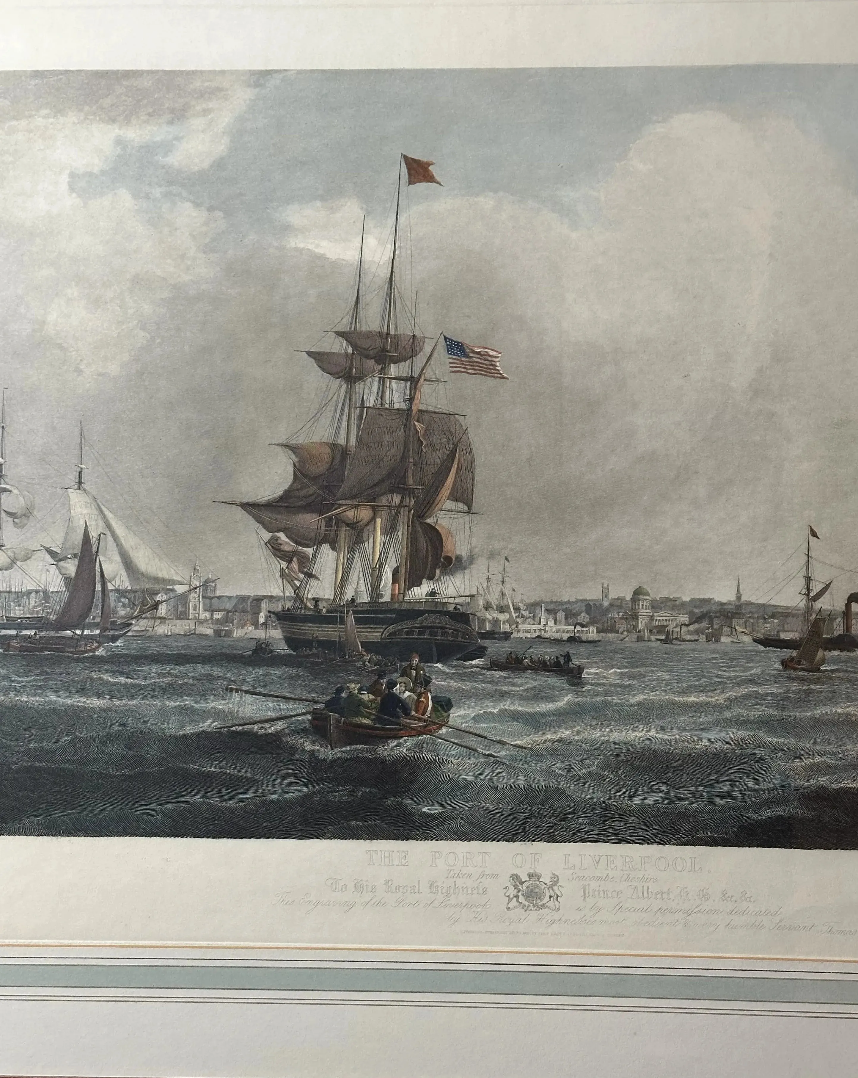 Large, framed, hand-colored 1841 etching of U.S. ship in the Port of Liverpool
