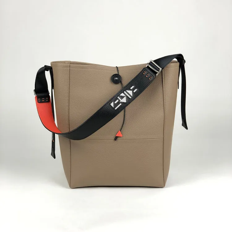 Large Womens Khaki Leather Shoulder Barrel Tote Bag Bucket Tote Handbag Purse Work Bag for Ladies