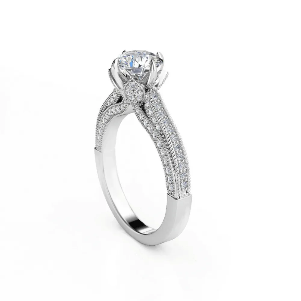 Vintage Milgrain Solitaire Engagement Ring with Pavé Diamond Band