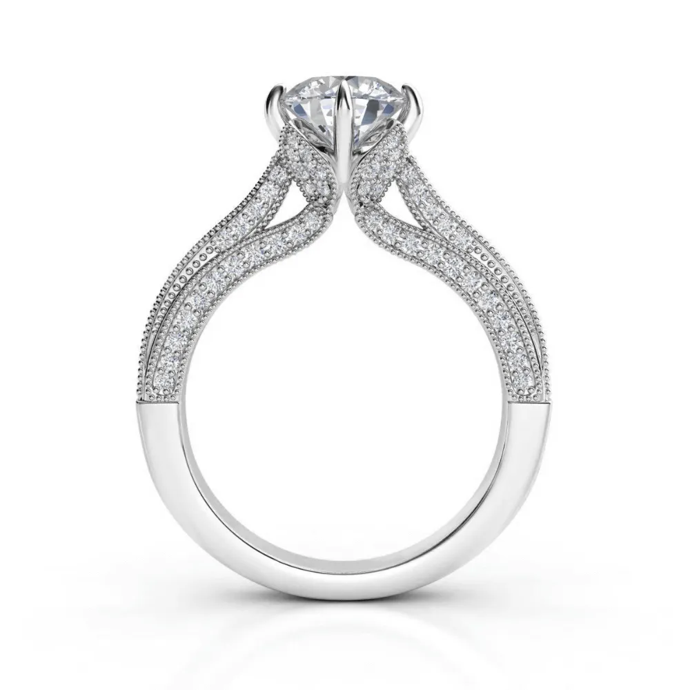 Vintage Milgrain Solitaire Engagement Ring with Pavé Diamond Band