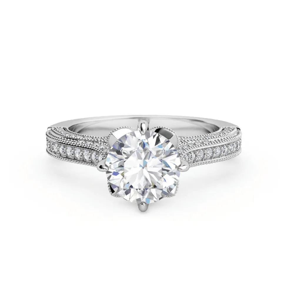 Vintage Milgrain Solitaire Engagement Ring with Pavé Diamond Band
